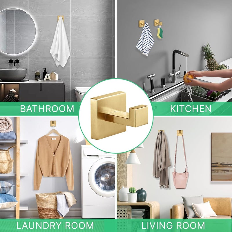 Fenas Heavy Duty Stainless Steel Towel Hooks, Wall Mounted Square Robe Hooks for Bathroom, Kitchen, Bedroom, Hotel Brushed Gold 2 Pack - Image 5